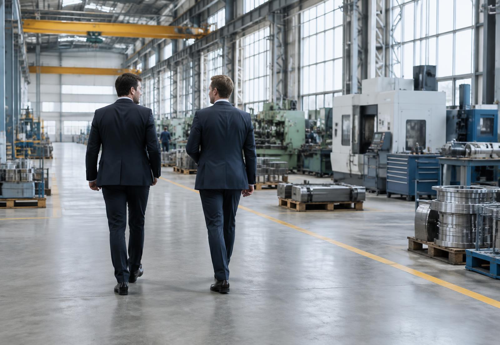 Executives walking through a manufacturing hall